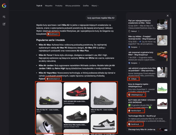 Analiza konkurencji SEO AI – cytowania i odnośniki do sklepów. Źródło: Google.pl