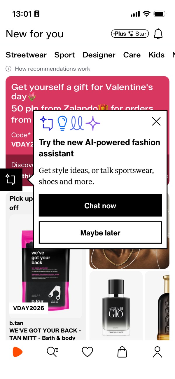 Opcje personalizacji w aplikacji sklepu. Źródło: Zalando.com