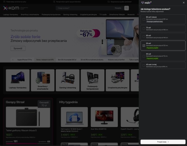 Chatbot online z gotowymi pytaniami i logiką. Źródło. X-kom.pl