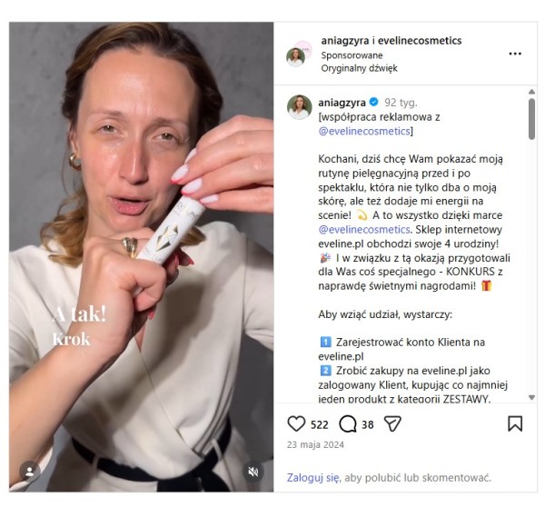 Influencer marketing w e-commerce dla marki kosmetycznej. Źródło: Instagram