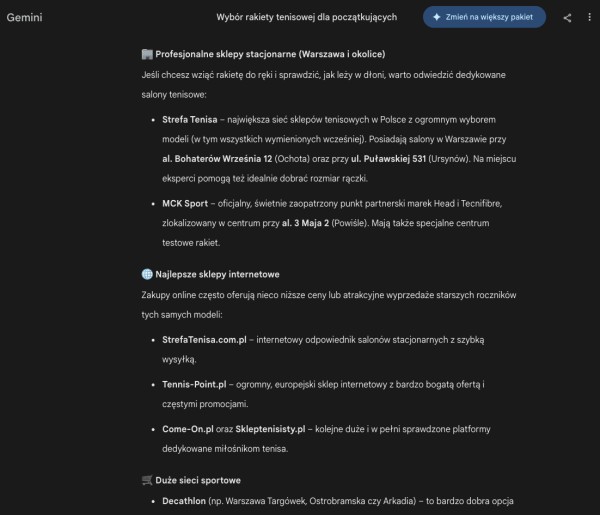Zakupowe rekomendacje AI przy pytaniu o produkt. Źródło: Google.com