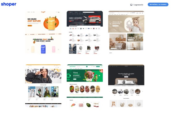 Już na pierwszy rzut oka widać różnice w kolorystyce szablonów dla sklepów internetowych z różnych branż i mających odmienne grupy docelowe. Źródło: Shoper