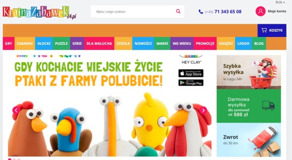 Sklep internetowy z zabawkami dla dzieci, który wykorzystuje wiele krzykliwych kolorów, przyciągnie uwagę konsumentów poszukujących szerokiego wyboru tanich zabawek, ale nie kierujących się pochodzeniem materiałów. Źródło: Kraina Zabawek