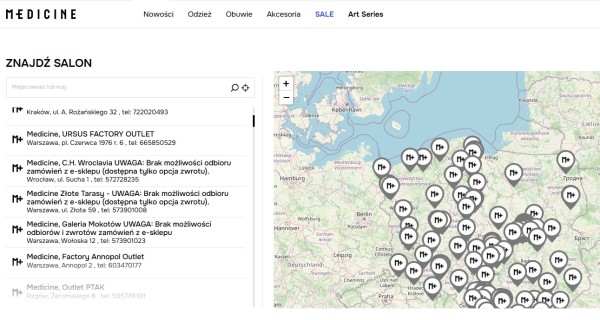 Sklep internetowy czytelnie informuje o braku możliwości odbioru i zwrotów zamówień w niektórych salonach już na poziomie listy punktów. Źródło: Medicine