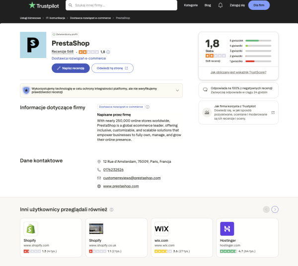 Oceny i opinie PrestaShop na tle konkurencji. Źródło: Trustpilot.com