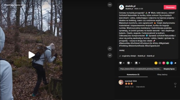 Prezentacja produktu w formie reklamy nakręconej w terenie, co podkreśla autentyczne wrażenia. Źródło: TikTok