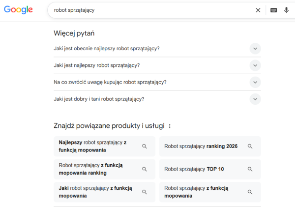 Sekcja „Więcej pytań” pokazuje rzeczywiste pytania użytkowników, które mogą stać się inspiracją do budowy FAQ, poradników i opisów kategorii. Źródło: Google.