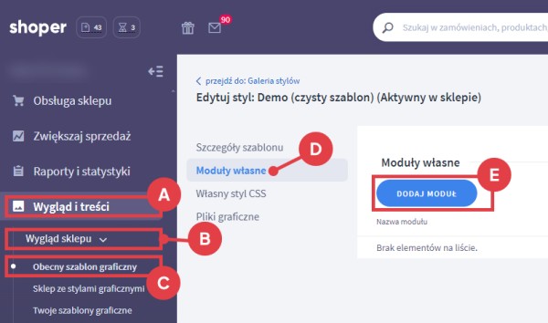 Funkcja tworzenia modułów w przykładowym sklepie Shoper. Źródło: Shoper.pl