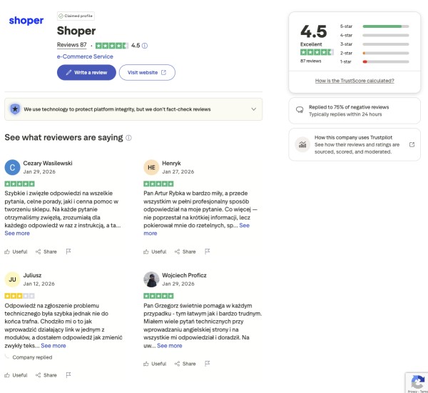 Aktualne opinie Shoper.pl w sieci. Źródło: Trustpilot.com