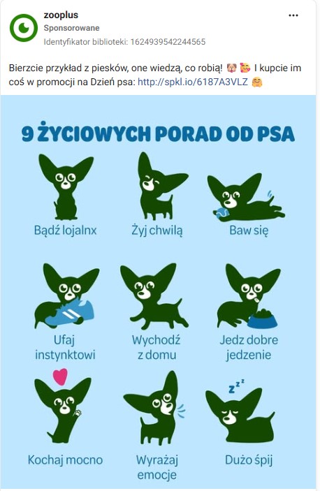 Reklama opublikowana przez sklep zoologiczny Zooplus na Facebooku z okazji Dnia Psa. Źródło: Biblioteka Meta Ads