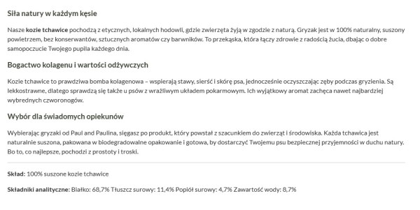 Opis produktu dla psów zawiera informacje o miejscu i sposobie produkcji, a nawet opakowaniu. Źródło: Eco Pet Space