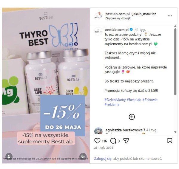 Post przypominający o ostatnich godzinach promocji z okazji Dnia Matki. Źródło: Instagram