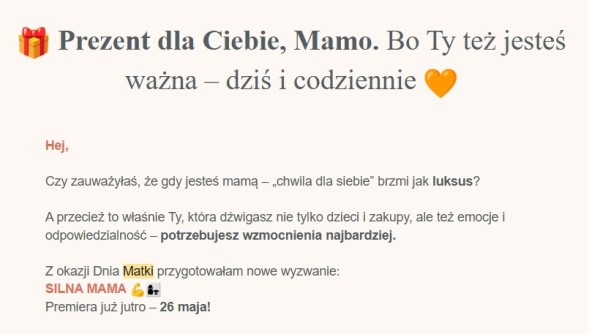 Newsletter skierowany wprost do mam nie powinien trafiać do subskrybentek, które nie są matkami. Źródło: E-mail WomanUp