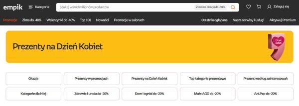 Kategoria „Prezenty na Dzień Kobiet” powinna zostać utworzona na stałe w sklepie internetowym. Zanim nadejdzie święto, wystarczy ją zaktualizować i umieścić link w głównym menu. Źródło: Empik