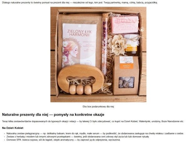 Fragment poradnika na blogu sklepu internetowego. Artykuł rekomenduje ekologiczne, naturalne prezenty na Dzień Kobiet. Źródło: Prezent Panda