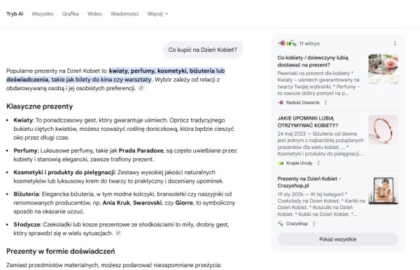 Konwersacja o prezentach na Dzień Kobiet z AI Mode. Źródło: Google
