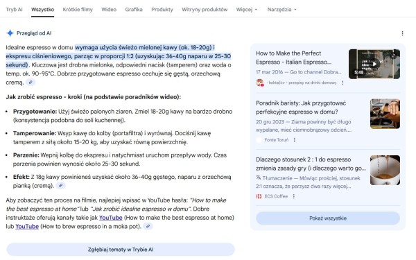 AI rekomenduje filmy na YouTubie, w których można promować produkty związane z parzeniem espresso w domu. Źródło: Google
