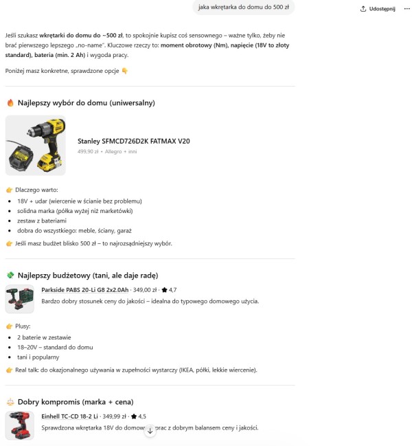 Rekomendacja sklepu w wynikach AI. Źródło: ChatGPT.com