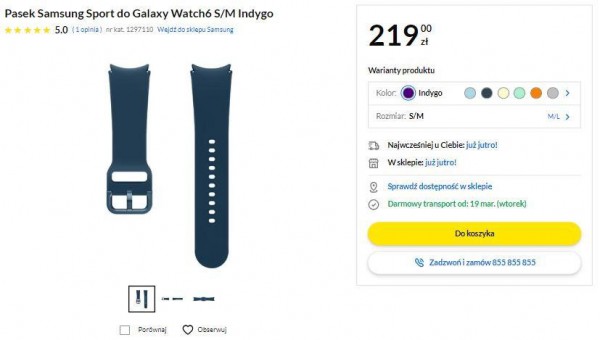 Karta produktowa umożliwia klientowi wybór koloru i rozmiaru opaski smartwatcha.