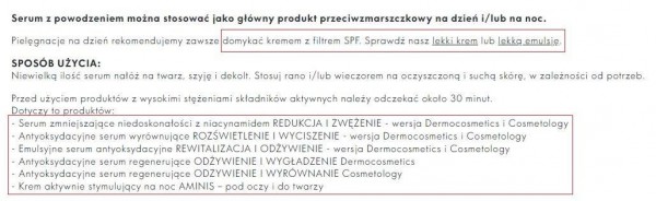 Fragment karty produktowej z informacjami o stosowaniu serum, w tym rekomendacjami dotyczącymi używania innych produktów dostępnych w sklepie internetowym marki.