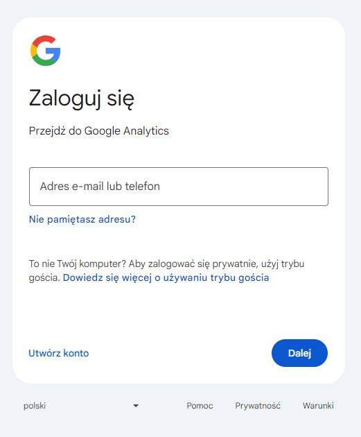 Strona logowania do Google Analytics.