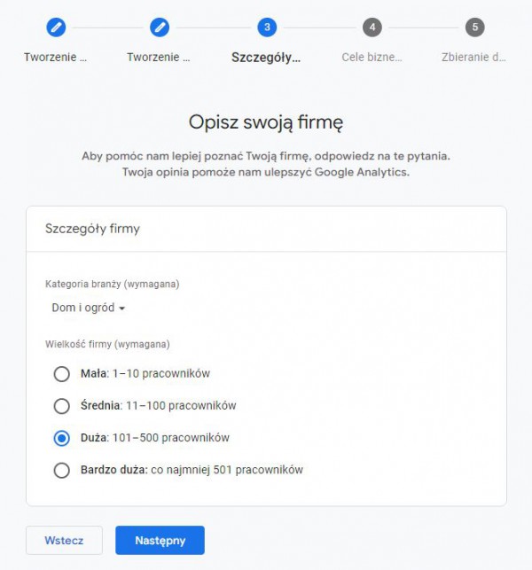 Podstawowe dane o sklepie internetowym na etapie konfiguracji Google Analytics.