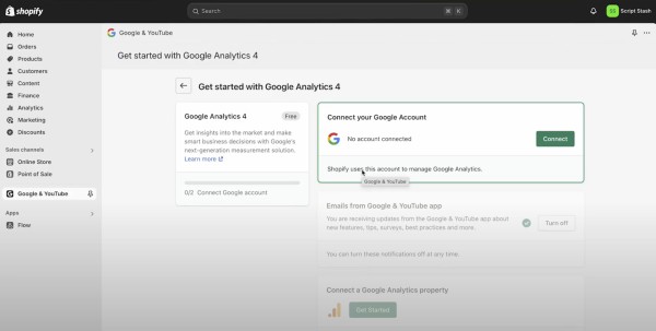 GA4 e commerce 1 Aplikacja Google e-commerce w panelu sklepowym Shopify. Źródło: Shopify.com
