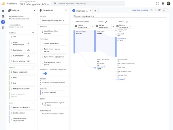GA4 e commerce 3 Konfiguracja raportu Path exploration GA4 e-commerce. Źródło: Analytics.google.com