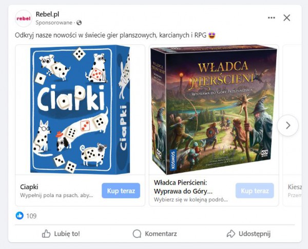 Reklama karuzelowa na Facebooku wykorzystująca katalog produktów.