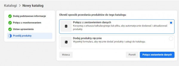 Dodawanie produktów do katalogu na Facebooku.