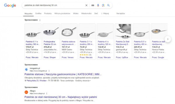 Sekcja reklam tekstowych i produktowych w wynikach wyszukiwania Google’a.