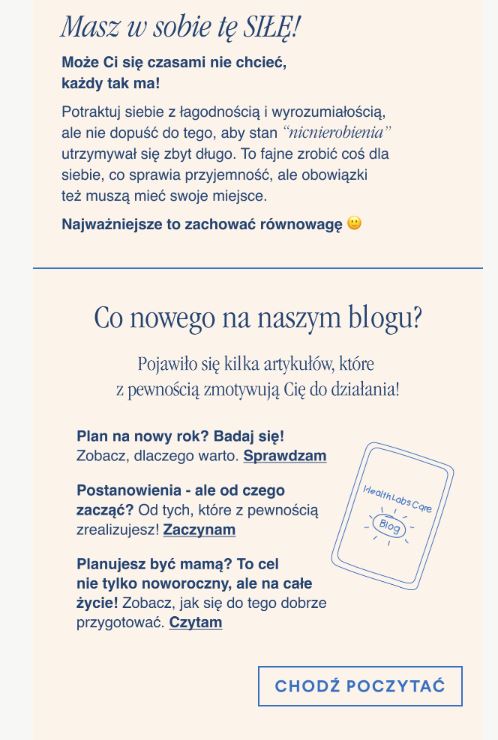 Fragment newslettera z linkami do bloga, na którym są promowane produkty.