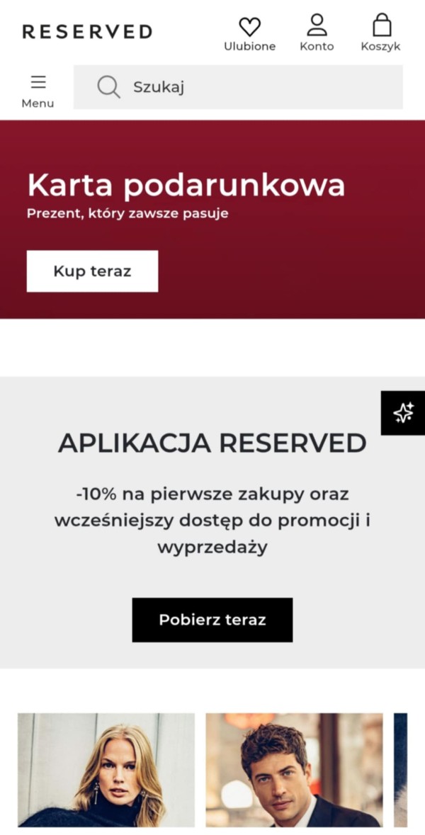 Strona sklepu internetowego jest dostosowana do widoku mobilnego, ale marka reklamuje aplikację, zachęcając użytkowników dodatkowym rabatem. Źródło: Reserved