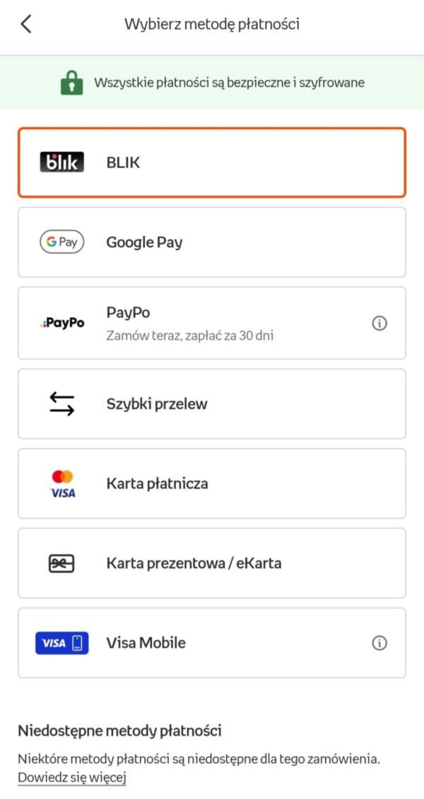 Metody płatności dostępne w aplikacji mobilnej Empik. Źródło: Empik
