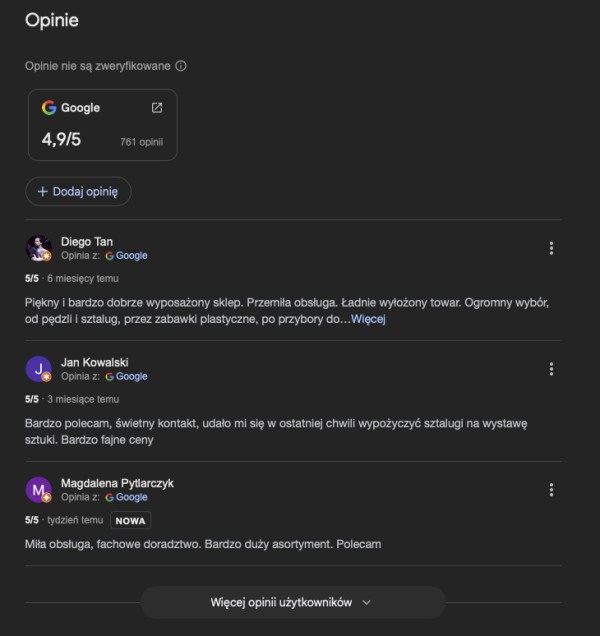opinie o sklepie 1 Przykłady opinii firmy w Google’u. Źródło: Google.pl