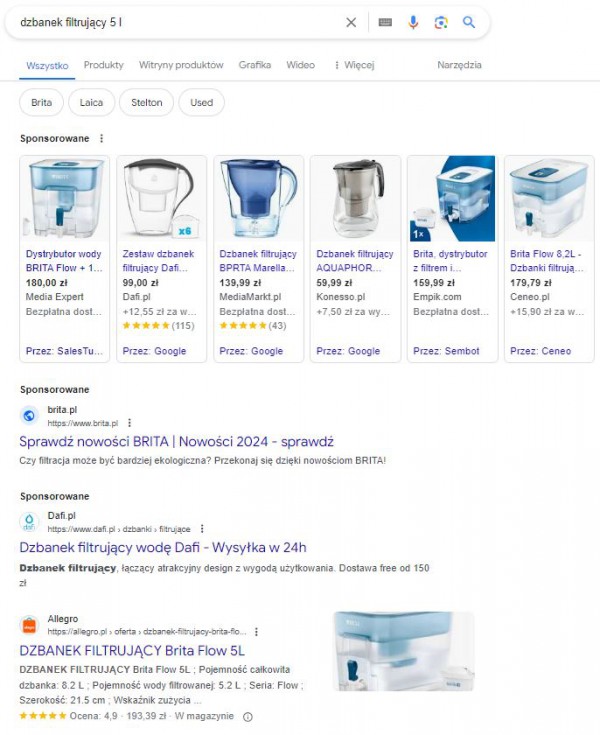 Bezpłatne i sponsorowane wyniki wyszukiwania Google’a na frazę produktową.