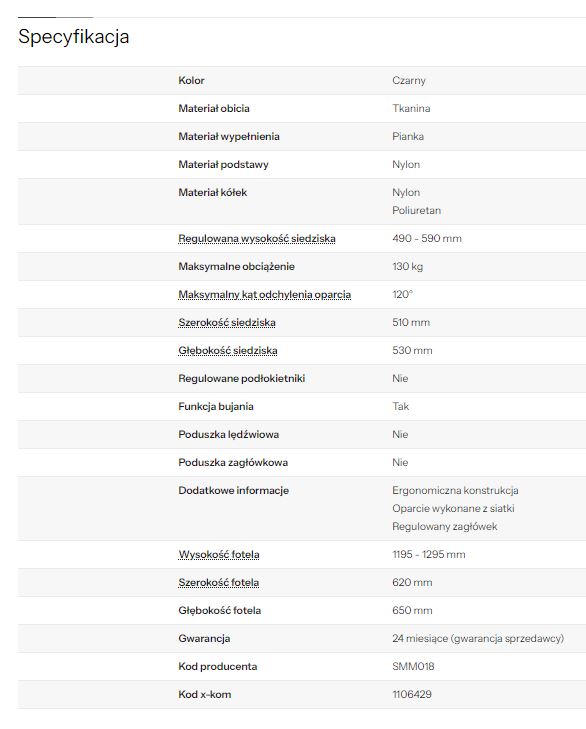 Specyfikacja techniczna pod opisem produktu w sklepie internetowym.