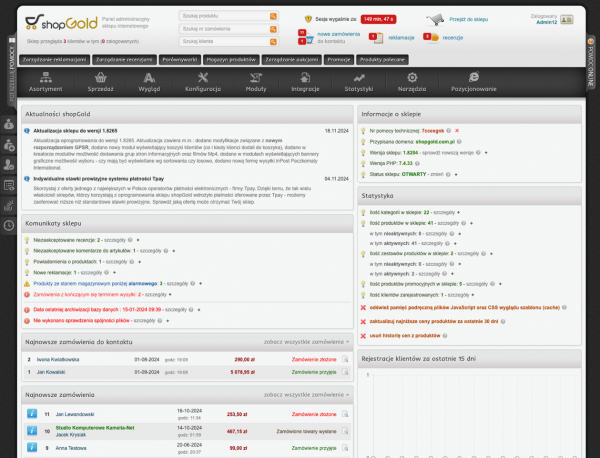 Panel administratora z narzędziami pozycjonowania shopGold.