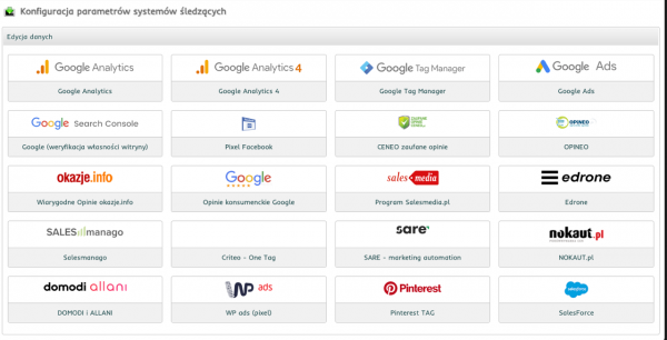 Panel integracji z usługami monitorowania SEO sklepu shopGold.