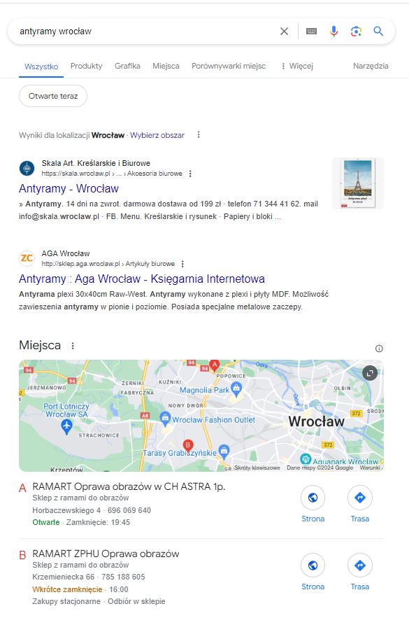 Wizytówki Google Moja Firma w wynikach wyszukiwania Google’a.