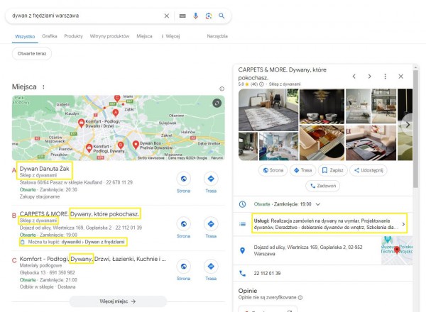 Optymalizacja wizytówek Google Moja Firma dla sklepów z dywanami.