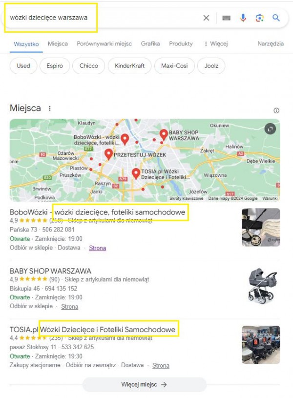 Poprawna optymalizacja wizytówek sklepów internetowych pod frazę „wózki dziecięce Warszawa”.