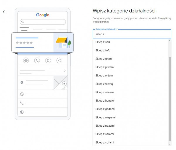 Wybór kategorii działalności podczas zakładania wizytówki Google Moja Firma. 