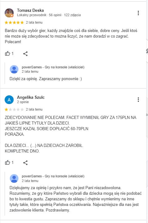 Właściciel wizytówki sklepu internetowego zoptymalizowanej pod frazę „sklep z grami Poznań” odpowiada na pozytywne i negatywne komentarze, podkreślając, że zależy mu na usatysfakcjonowaniu klientów.