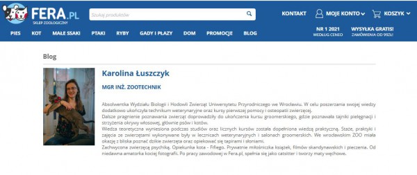 Profil ekspertki tworzącej artykuły poradnikowe dla sklepu zoologicznego.