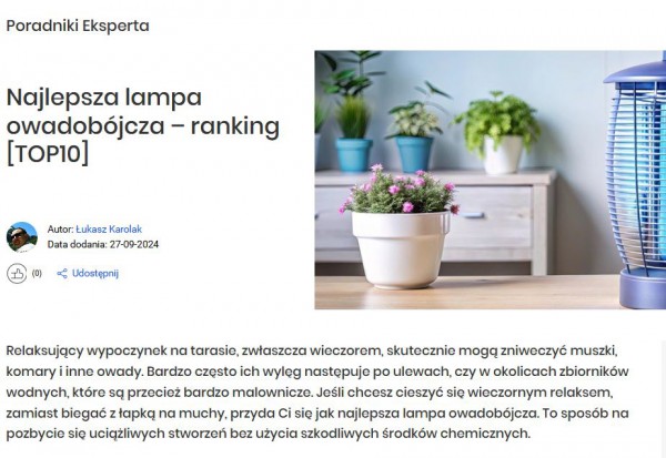 Chociaż szczyt popularności słowa kluczowego „lampa owadobójcza” wypada między majem a sierpniem, artykuł został opublikowany z wielomiesięcznym wyprzedzeniem.