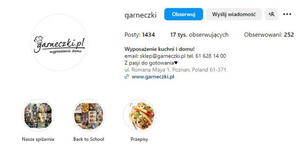 Profil sklepu internetowego: nazwa, słowa kluczowe, dane kontaktowe w biogramie oraz link do strony.