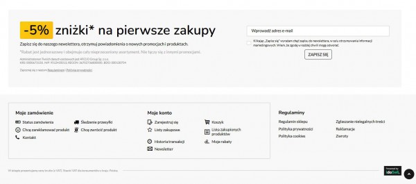 Stopka z wyróżnionym rabatem na pierwsze zakupy w zamian za zapis na newsletter.