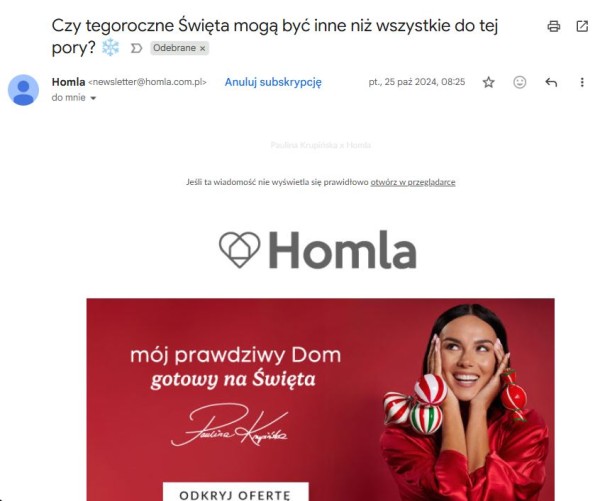 Kampanie newsletterowe z okazji Bożego Narodzenia rozpoczynają się już w październiku. Źródło: Homla
