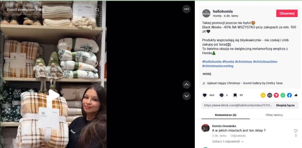 Prezentacja produktów w sklepie stacjonarnym Homla w związku z wyprzedażą. Źródło: TikTok